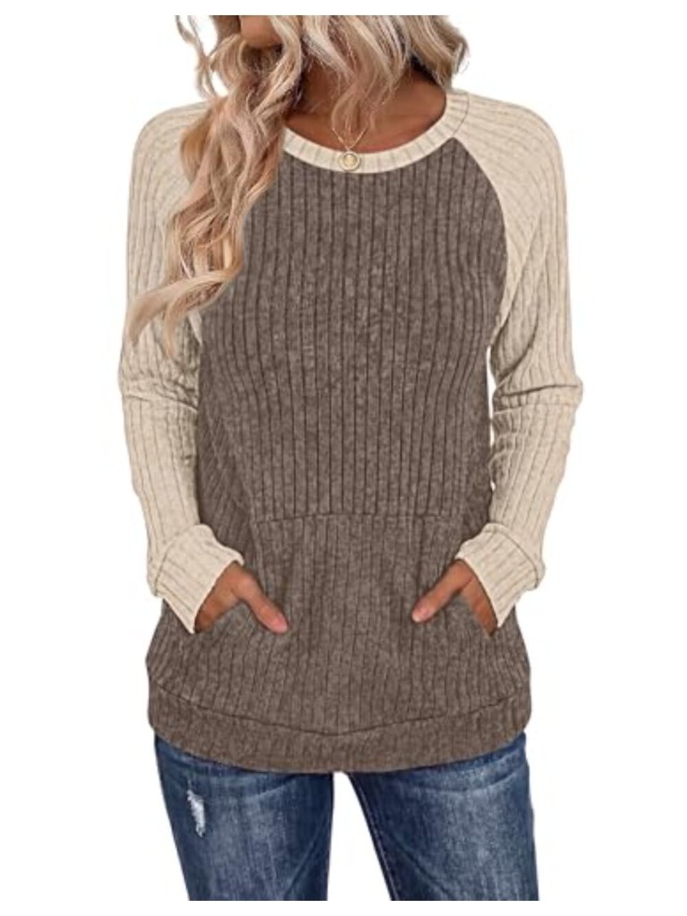 Women's Color Block Sleeve Tunic Sweater with Pocket